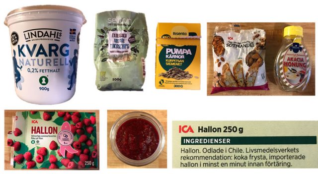 De olika ingredienserna till mellanmål med kvarg, hallon, kokoschips mm.